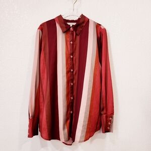 Lavender Brown Striped Button Up Long Sleeve Retro 70's Style Shirt Sz M